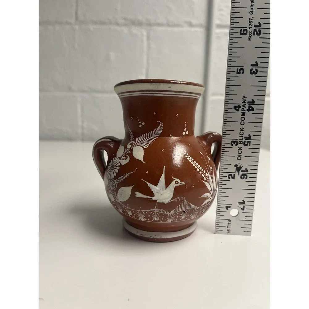 Vintage Handmade Mexican Pottery Vase Bird Flower Deer Signed J.‎ Pila Red Clay